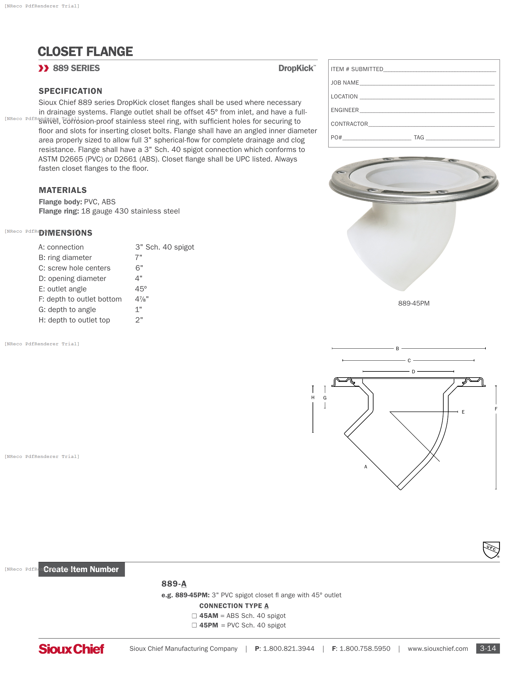 889-45 SERIES - DROPKICK CLOSET FLANGE - SPEC SHEET.PDF Specification Document